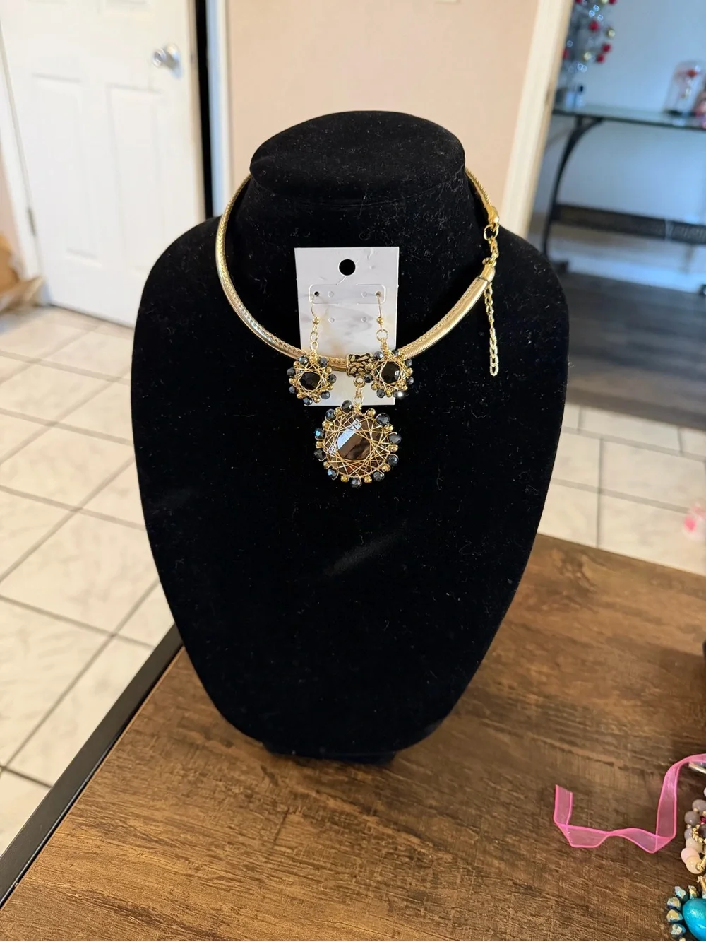 Gold-Tone Floral Pendant Necklace Set with Blue Accent Beads